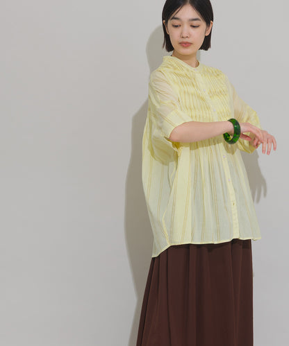 【OMNES】コットンボイルストライプタックギャザー半袖シャツ【261W435OMN006】