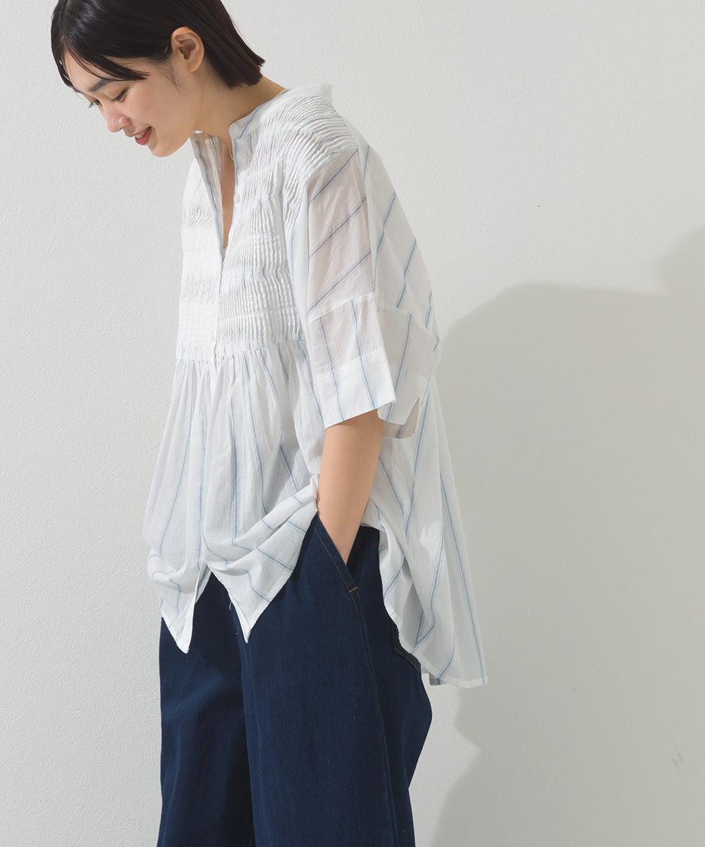 【OMNES】コットンボイルストライプタックギャザー半袖シャツ【261W435OMN006】