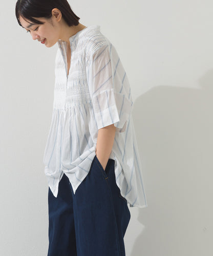 【OMNES】コットンボイルストライプタックギャザー半袖シャツ【261W435OMN006】
