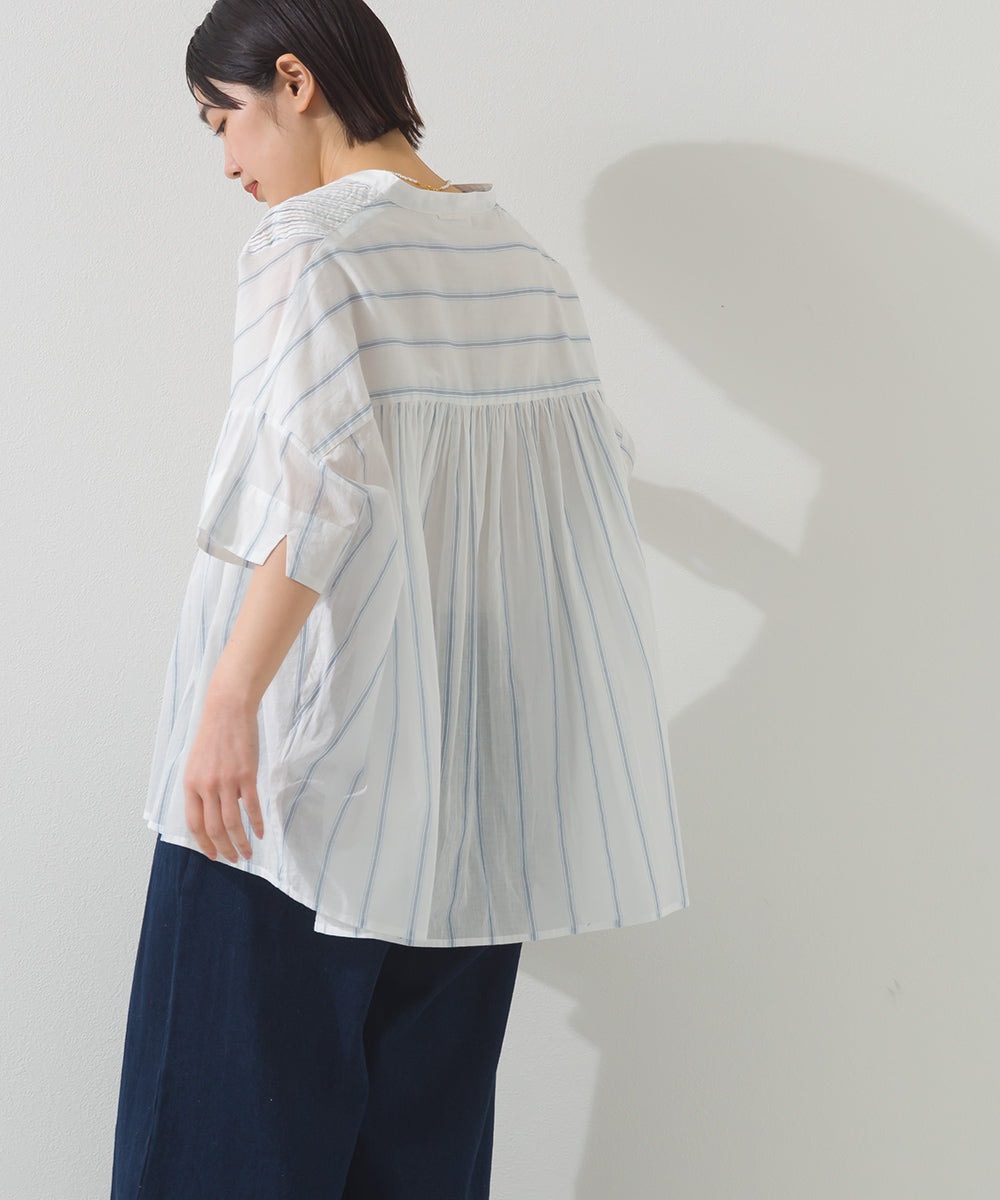 【OMNES】コットンボイルストライプタックギャザー半袖シャツ【261W435OMN006】