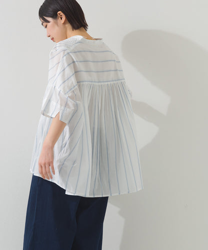 【OMNES】コットンボイルストライプタックギャザー半袖シャツ【261W435OMN006】