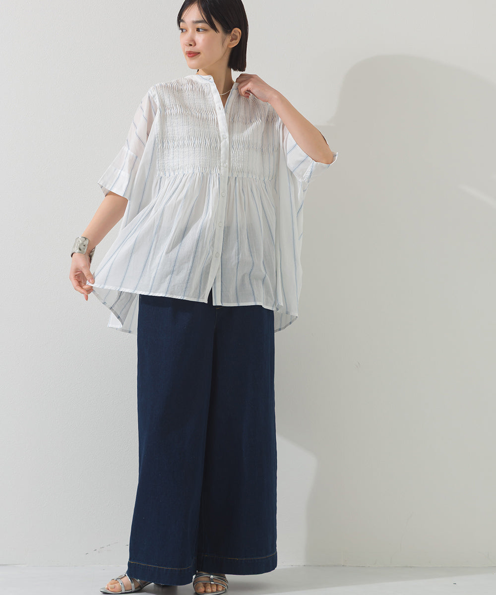 【OMNES】コットンボイルストライプタックギャザー半袖シャツ【261W435OMN006】