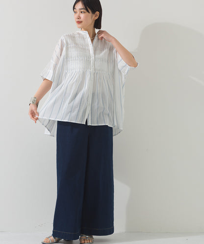 【OMNES】コットンボイルストライプタックギャザー半袖シャツ【261W435OMN006】
