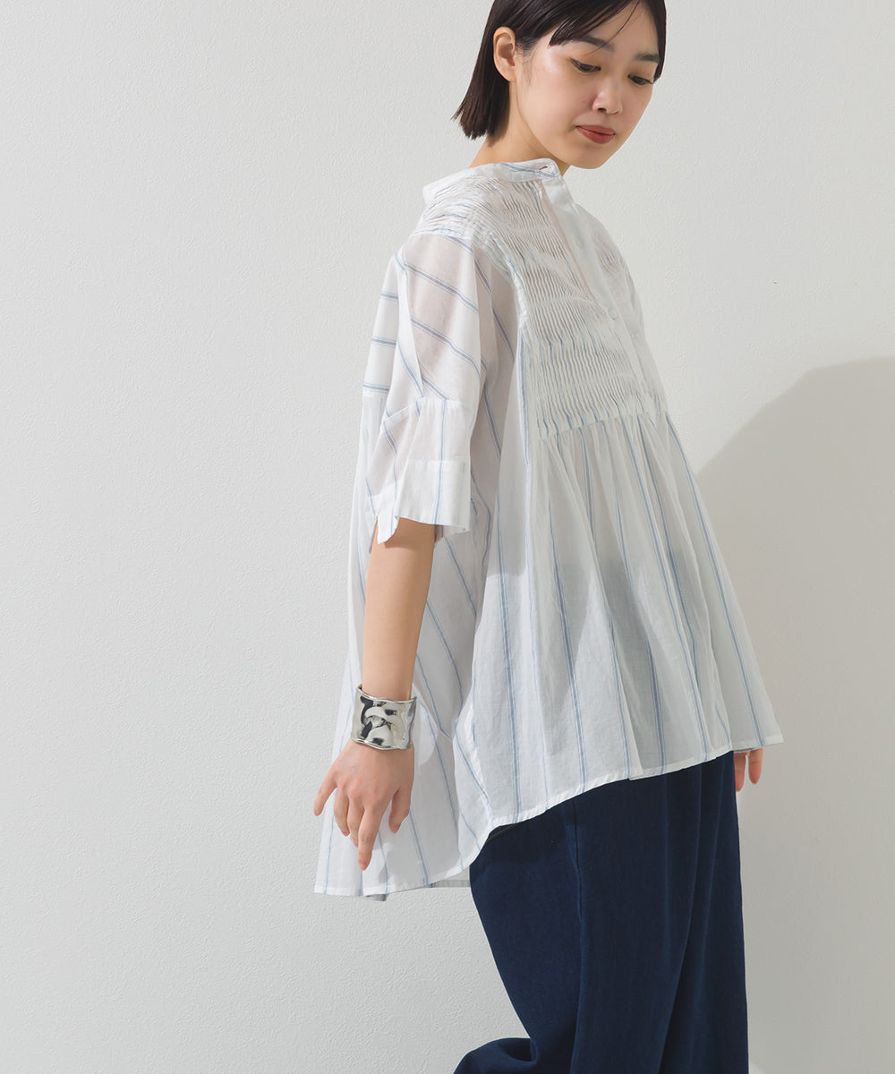 【OMNES】コットンボイルストライプタックギャザー半袖シャツ【261W435OMN006】