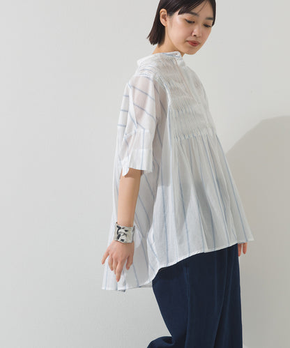 【OMNES】コットンボイルストライプタックギャザー半袖シャツ【261W435OMN006】
