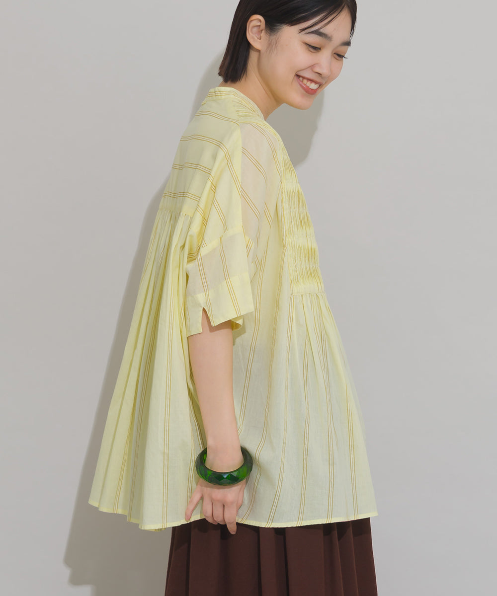 【OMNES】コットンボイルストライプタックギャザー半袖シャツ【261W435OMN006】