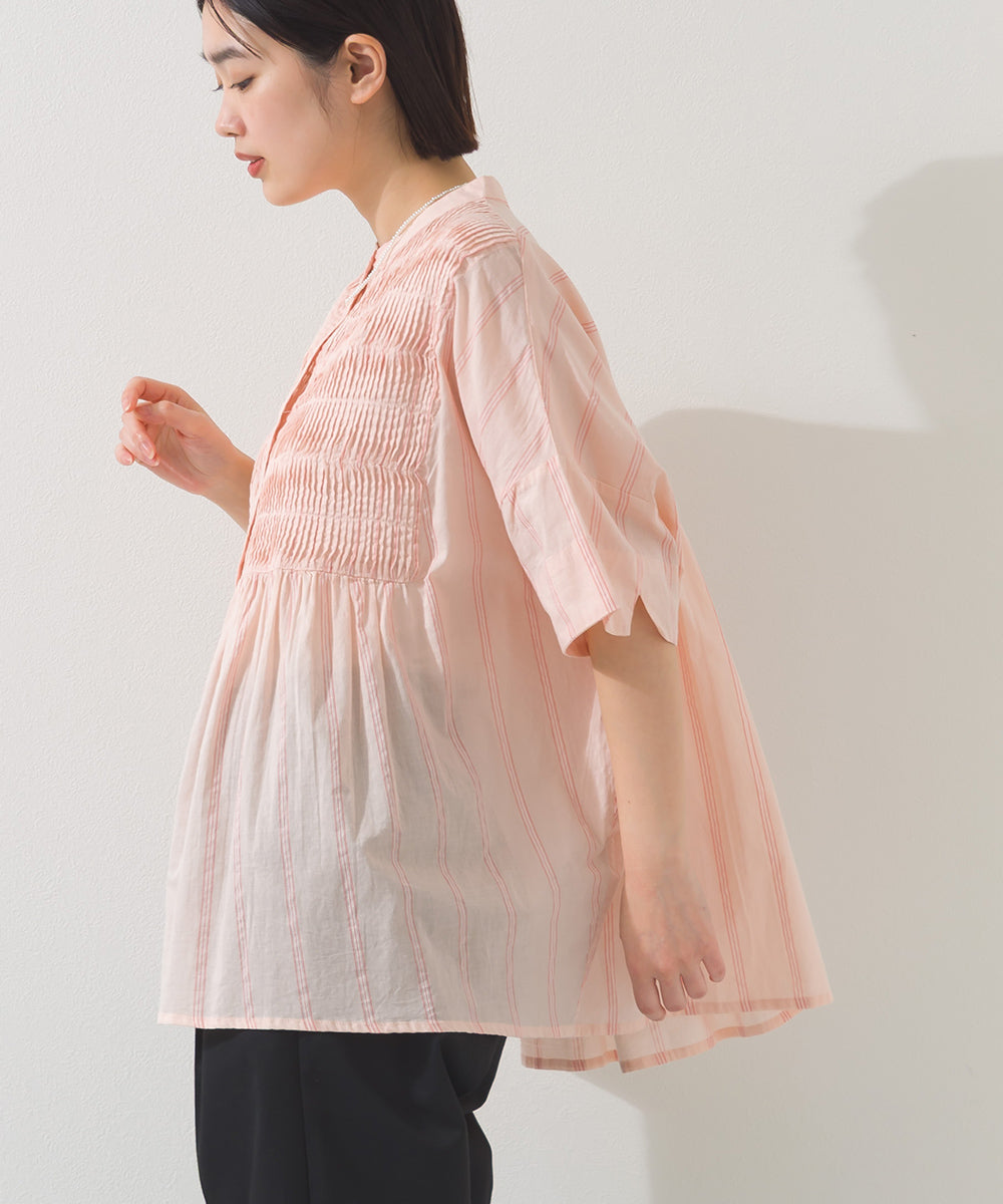 【OMNES】コットンボイルストライプタックギャザー半袖シャツ【261W435OMN006】