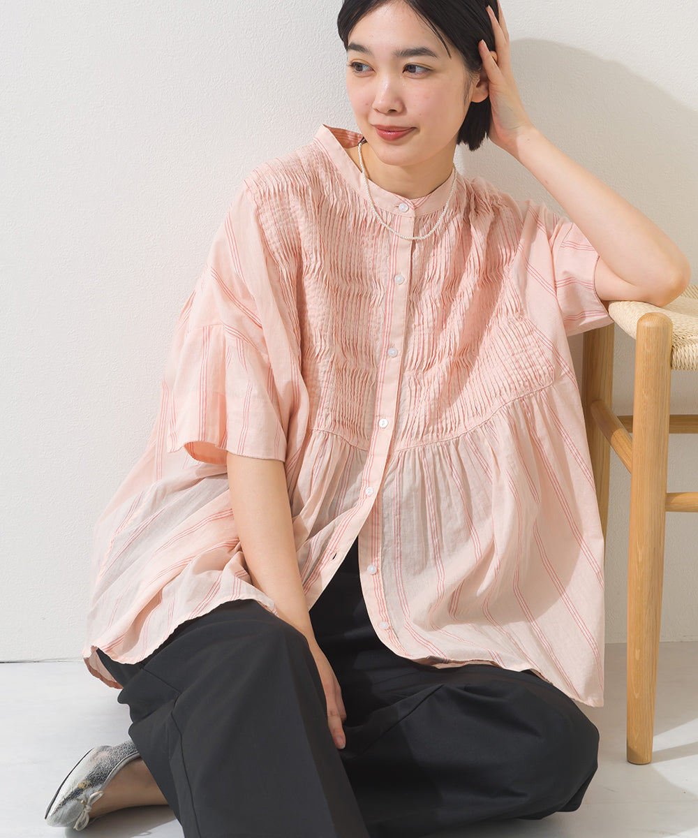 【OMNES】コットンボイルストライプタックギャザー半袖シャツ【261W435OMN006】