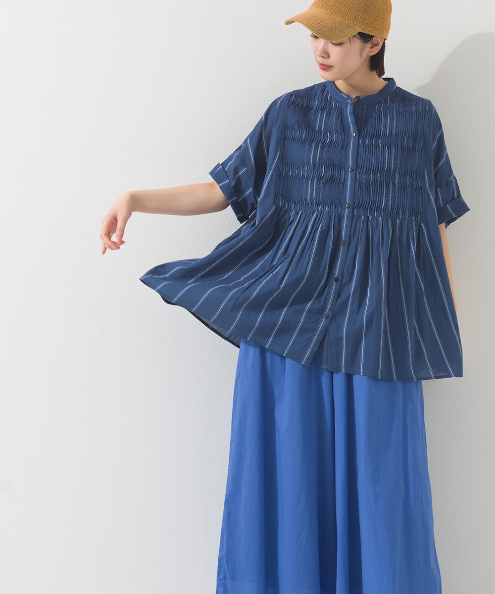 【OMNES】コットンボイルストライプタックギャザー半袖シャツ【261W435OMN006】