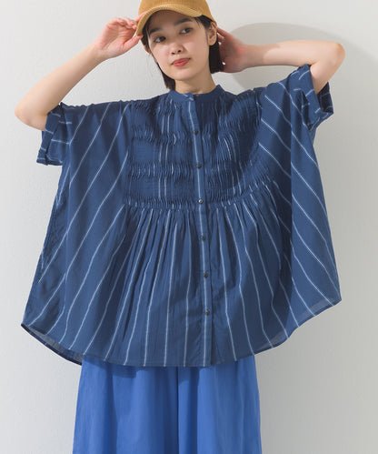 【OMNES】コットンボイルストライプタックギャザー半袖シャツ【261W435OMN006】