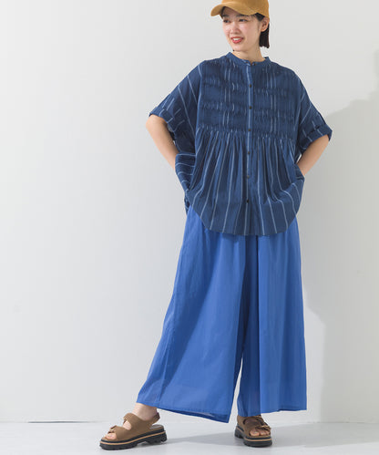 【OMNES】コットンボイルストライプタックギャザー半袖シャツ【261W435OMN006】