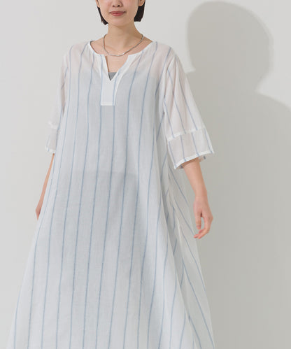 【OMNES】コットンボイルストライプカフタンスキッパー半袖ワンピース【261W434OMN007】