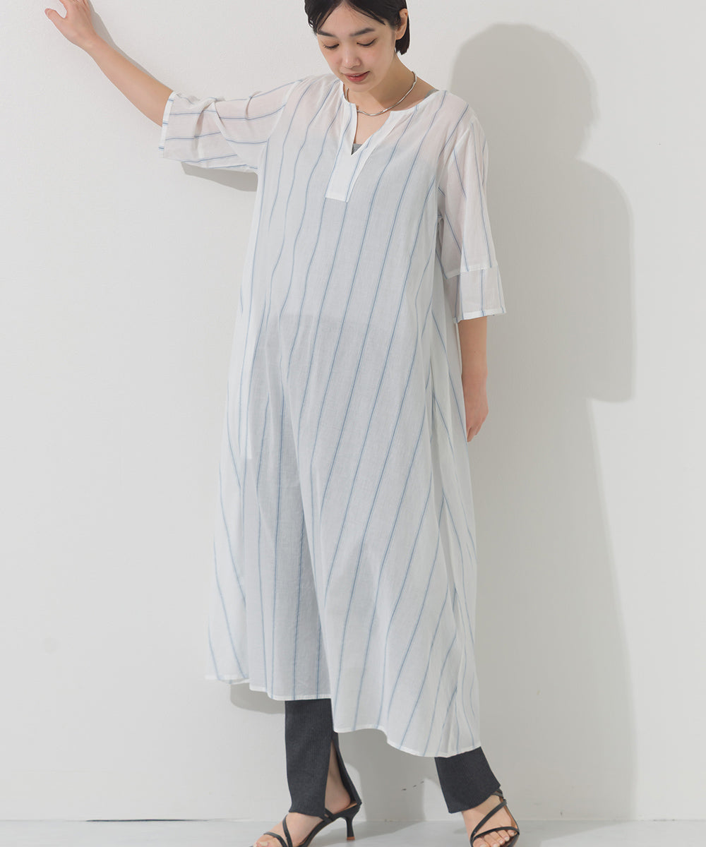 【OMNES】コットンボイルストライプカフタンスキッパー半袖ワンピース【261W434OMN007】