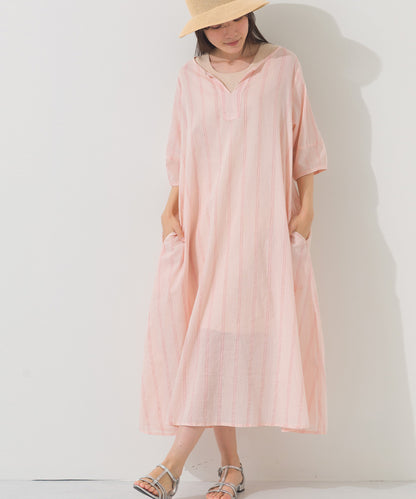 【OMNES】コットンボイルストライプカフタンスキッパー半袖ワンピース【261W434OMN007】