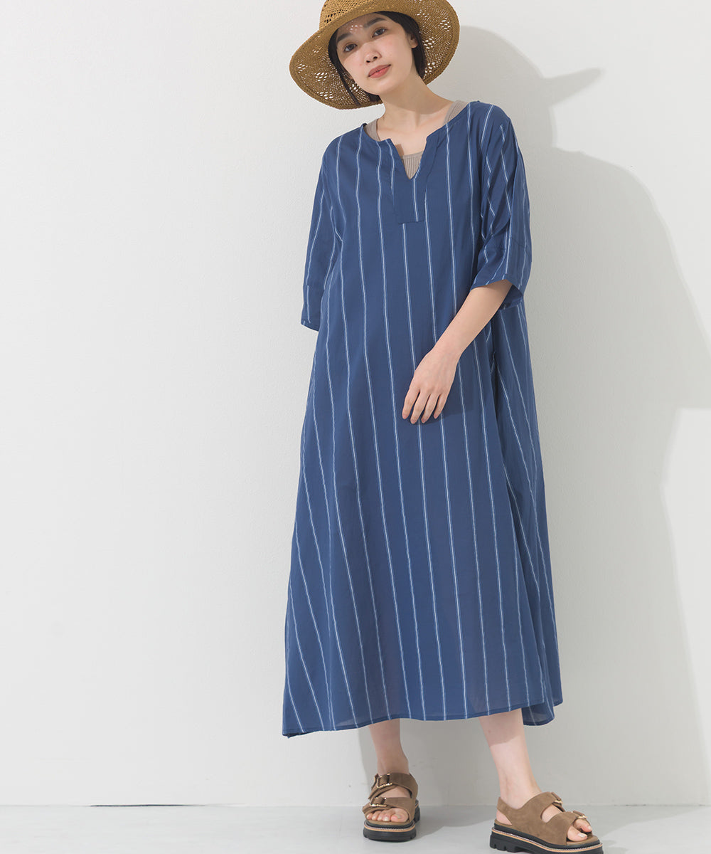 【OMNES】コットンボイルストライプカフタンスキッパー半袖ワンピース【261W434OMN007】