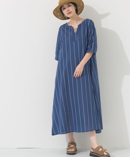 【OMNES】コットンボイルストライプカフタンスキッパー半袖ワンピース【261W434OMN007】