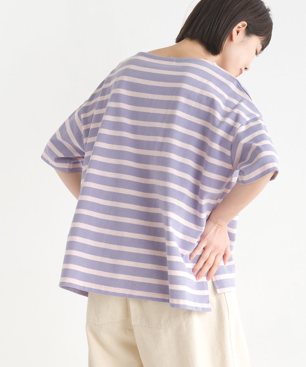 【OMNES PURPLE LABEL】10番単ボーダーワイドシルエット半袖プルオーバー【6124-5503】