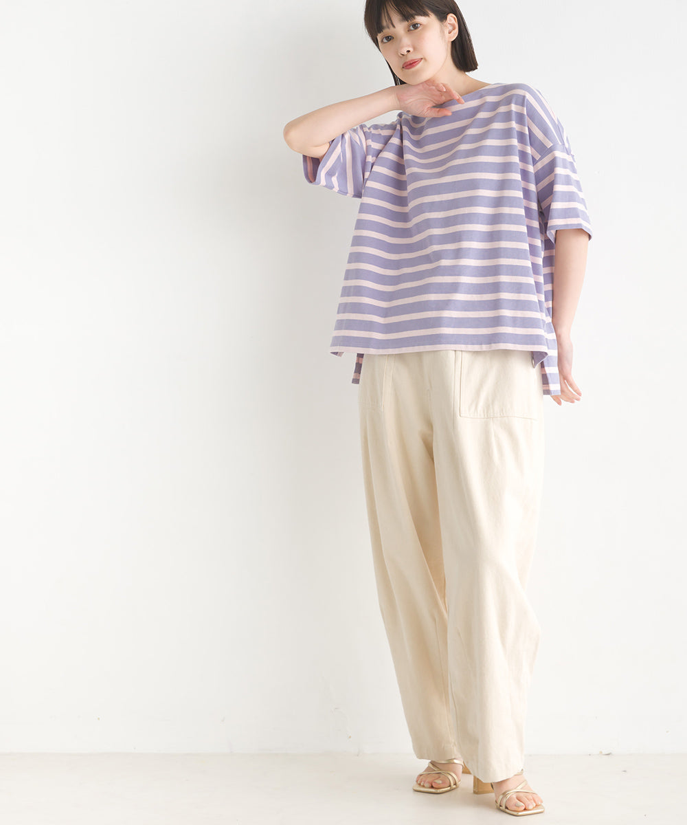 【OMNES PURPLE LABEL】10番単ボーダーワイドシルエット半袖プルオーバー【6124-5503】