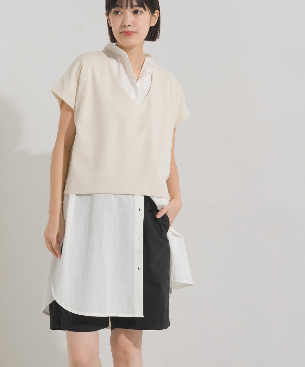 【OMNES】梨地 レイヤードシャツセットフレンチスリーブワンピース【7122-9078】