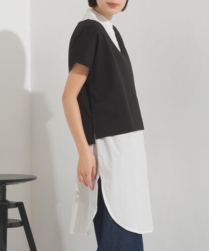 【OMNES】梨地 レイヤードシャツセットフレンチスリーブワンピース【7122-9078】