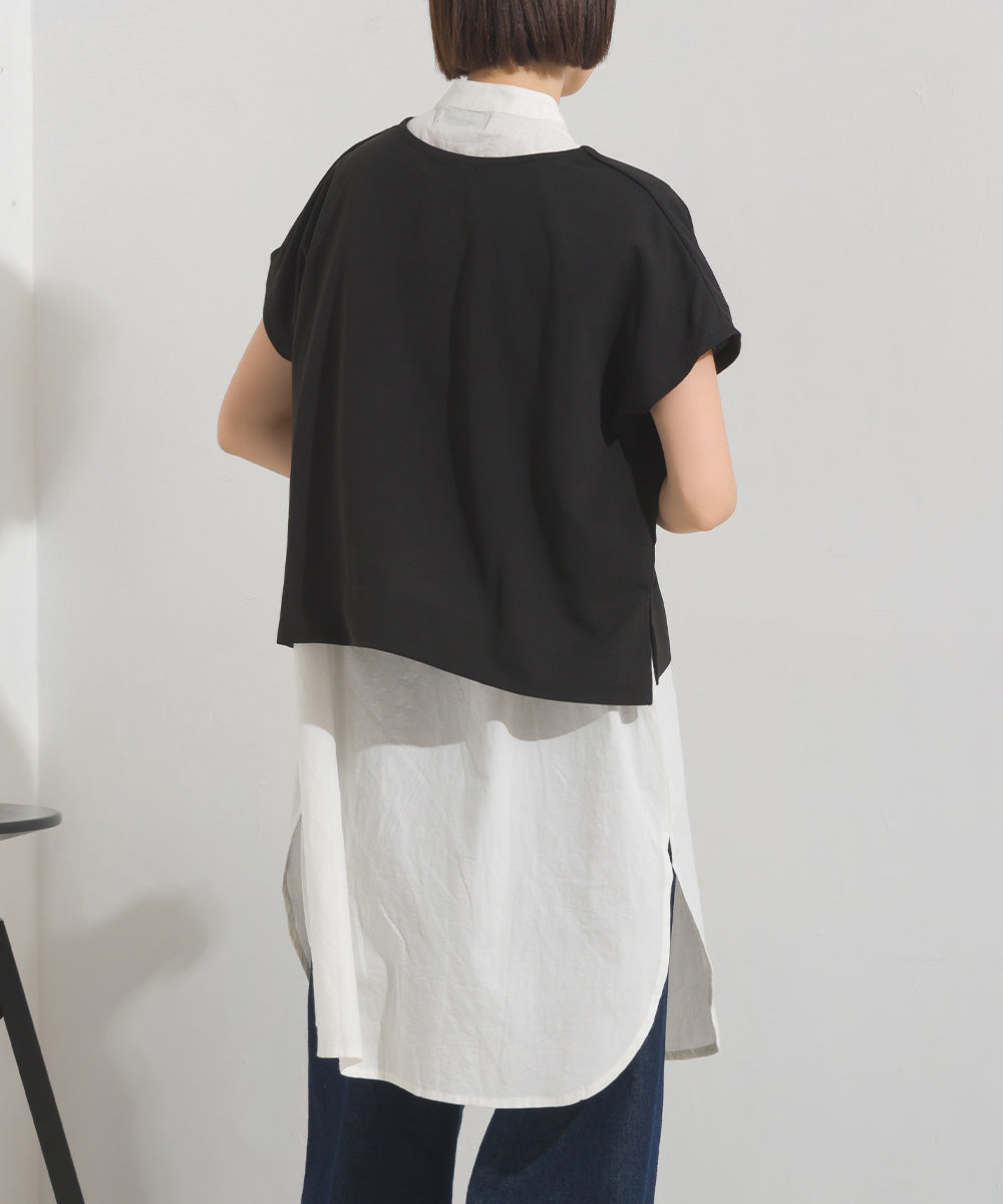 【OMNES】梨地 レイヤードシャツセットフレンチスリーブワンピース【7122-9078】
