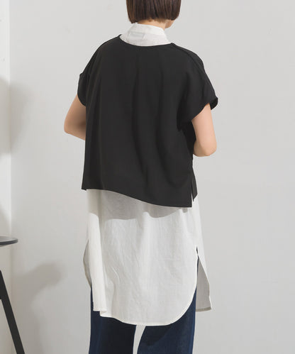 【OMNES】梨地 レイヤードシャツセットフレンチスリーブワンピース【7122-9078】