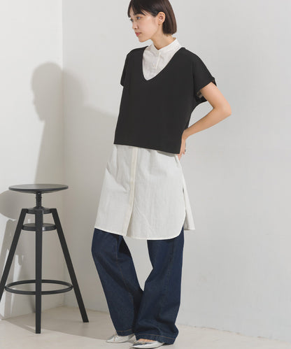 【OMNES】梨地 レイヤードシャツセットフレンチスリーブワンピース【7122-9078】