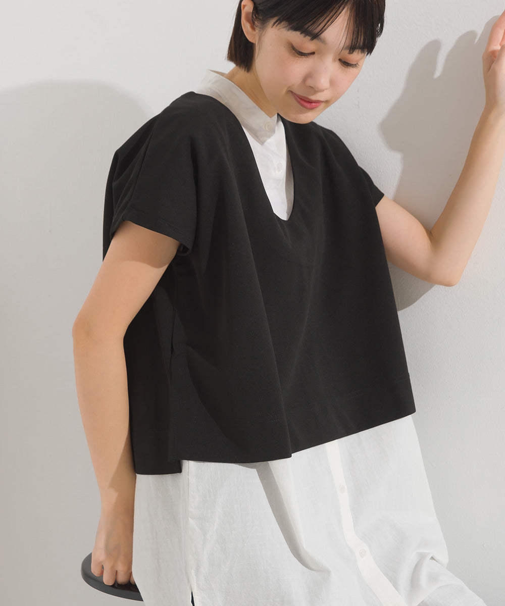 【OMNES】梨地 レイヤードシャツセットフレンチスリーブワンピース【7122-9078】