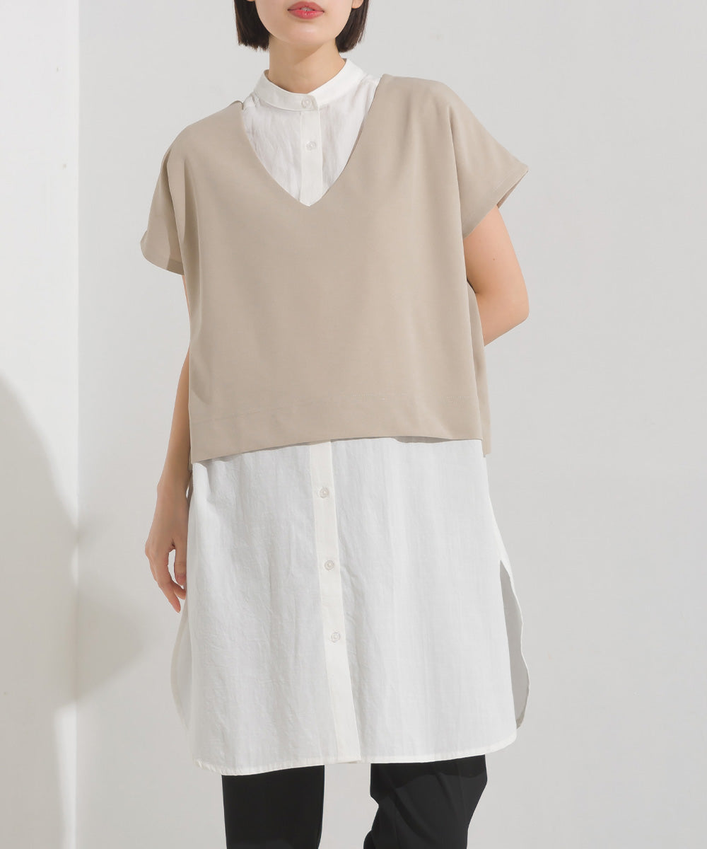 【OMNES】梨地 レイヤードシャツセットフレンチスリーブワンピース【7122-9078】