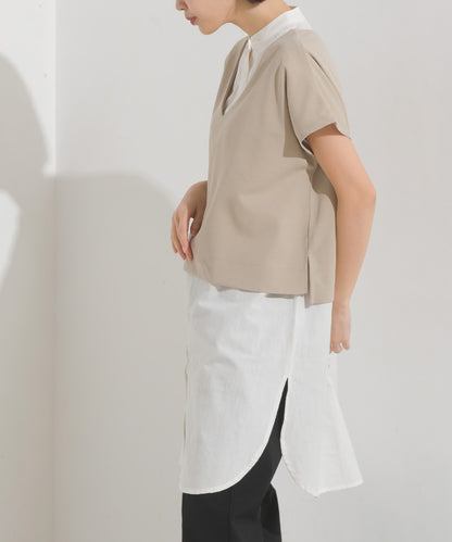 【OMNES】梨地 レイヤードシャツセットフレンチスリーブワンピース【7122-9078】