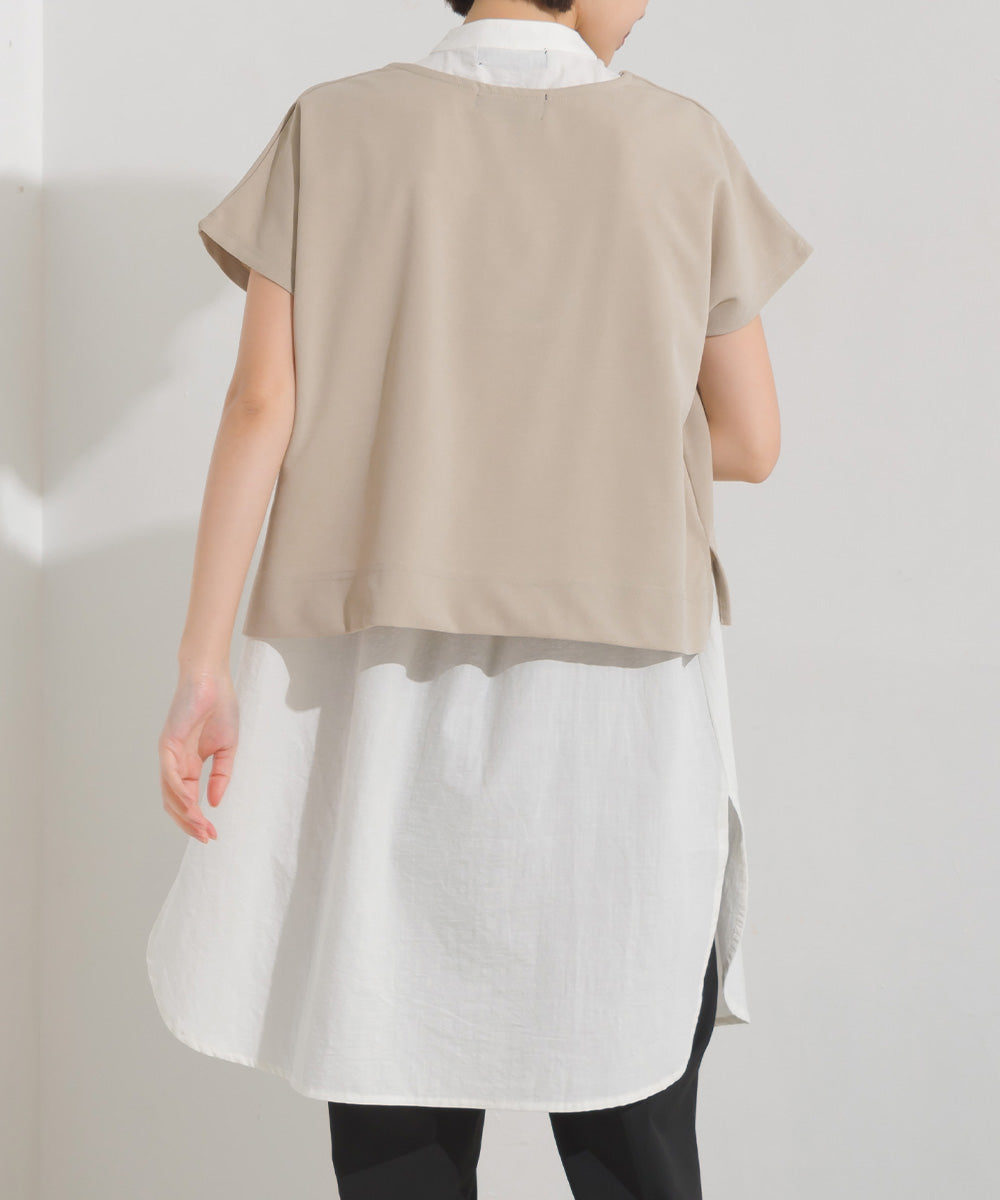 【OMNES】梨地 レイヤードシャツセットフレンチスリーブワンピース【7122-9078】