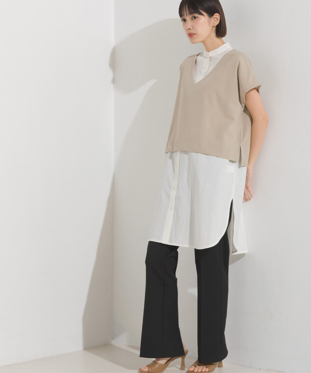 【OMNES】梨地 レイヤードシャツセットフレンチスリーブワンピース【7122-9078】