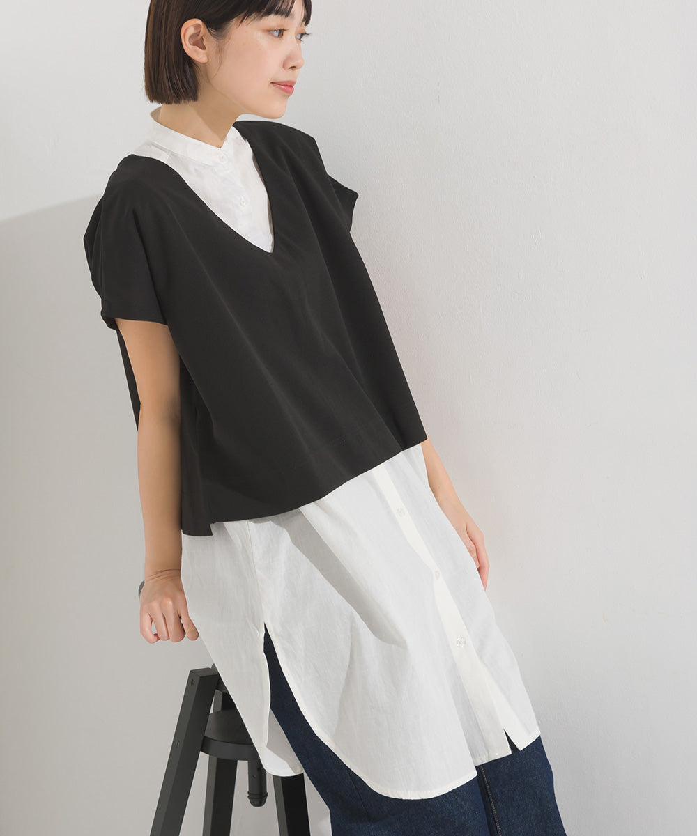 【OMNES】梨地 レイヤードシャツセットフレンチスリーブワンピース【7122-9078】
