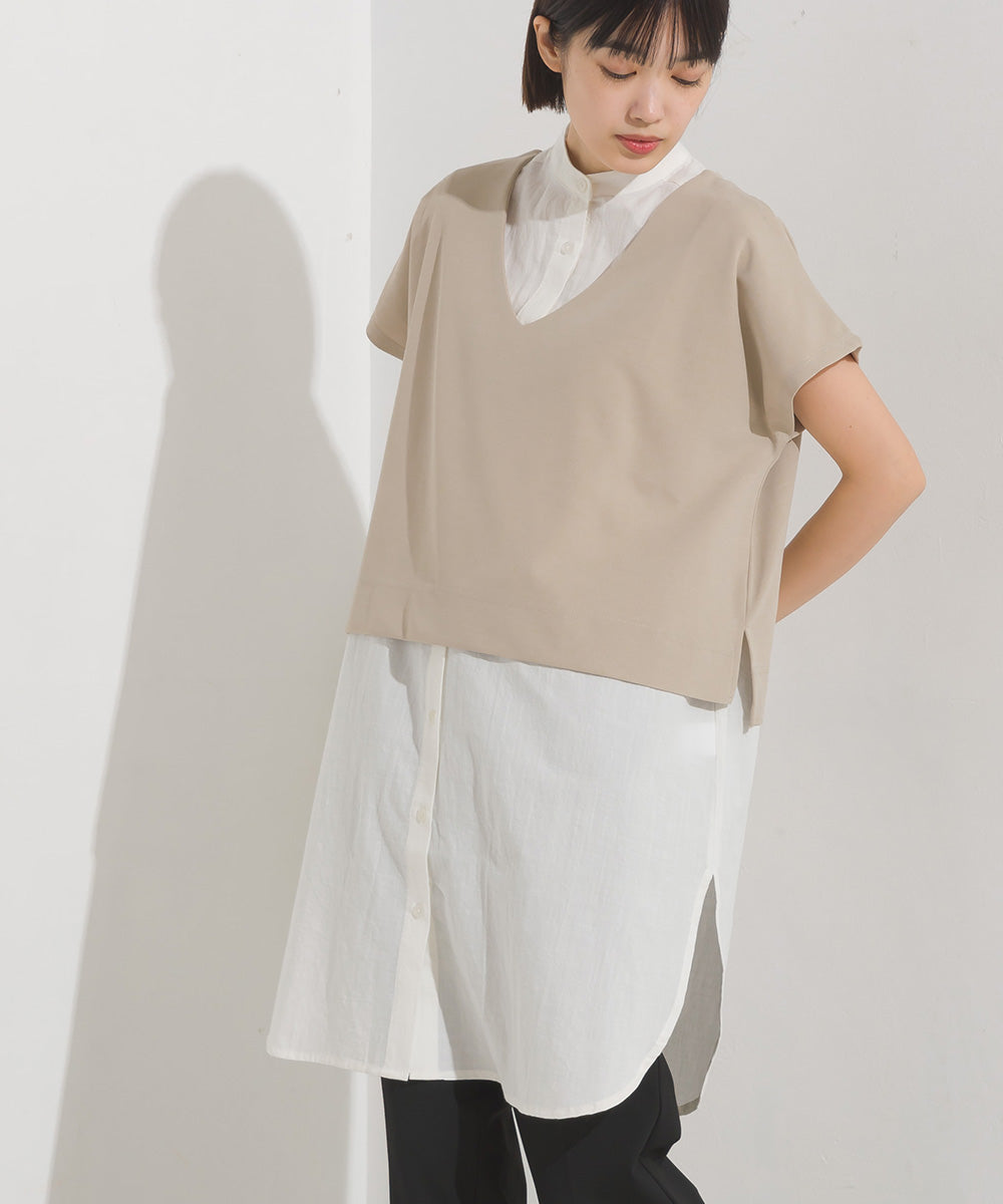 【OMNES】梨地 レイヤードシャツセットフレンチスリーブワンピース【7122-9078】