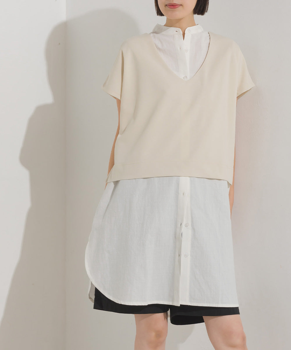 【OMNES】梨地 レイヤードシャツセットフレンチスリーブワンピース【7122-9078】