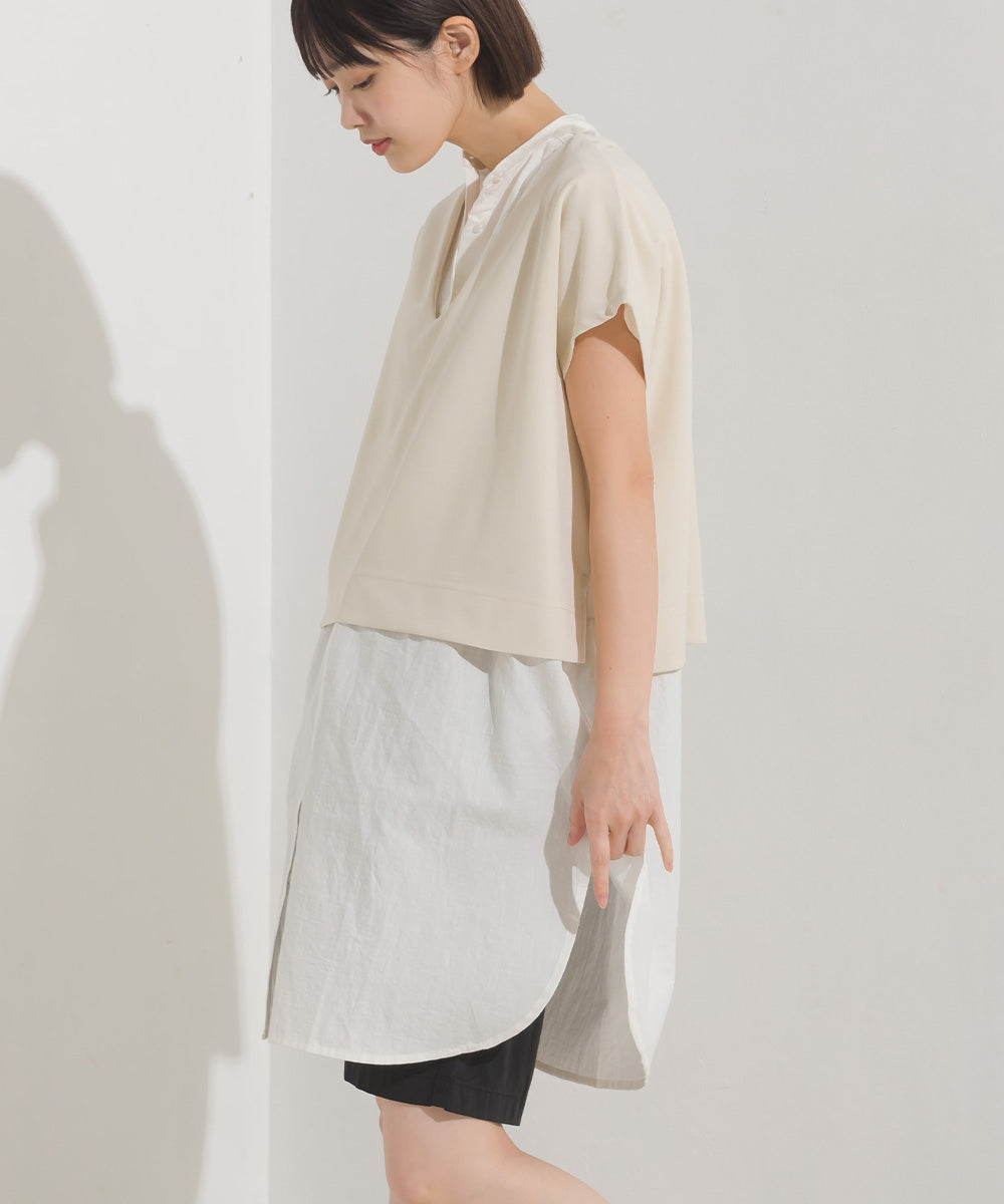 【OMNES】梨地 レイヤードシャツセットフレンチスリーブワンピース【7122-9078】