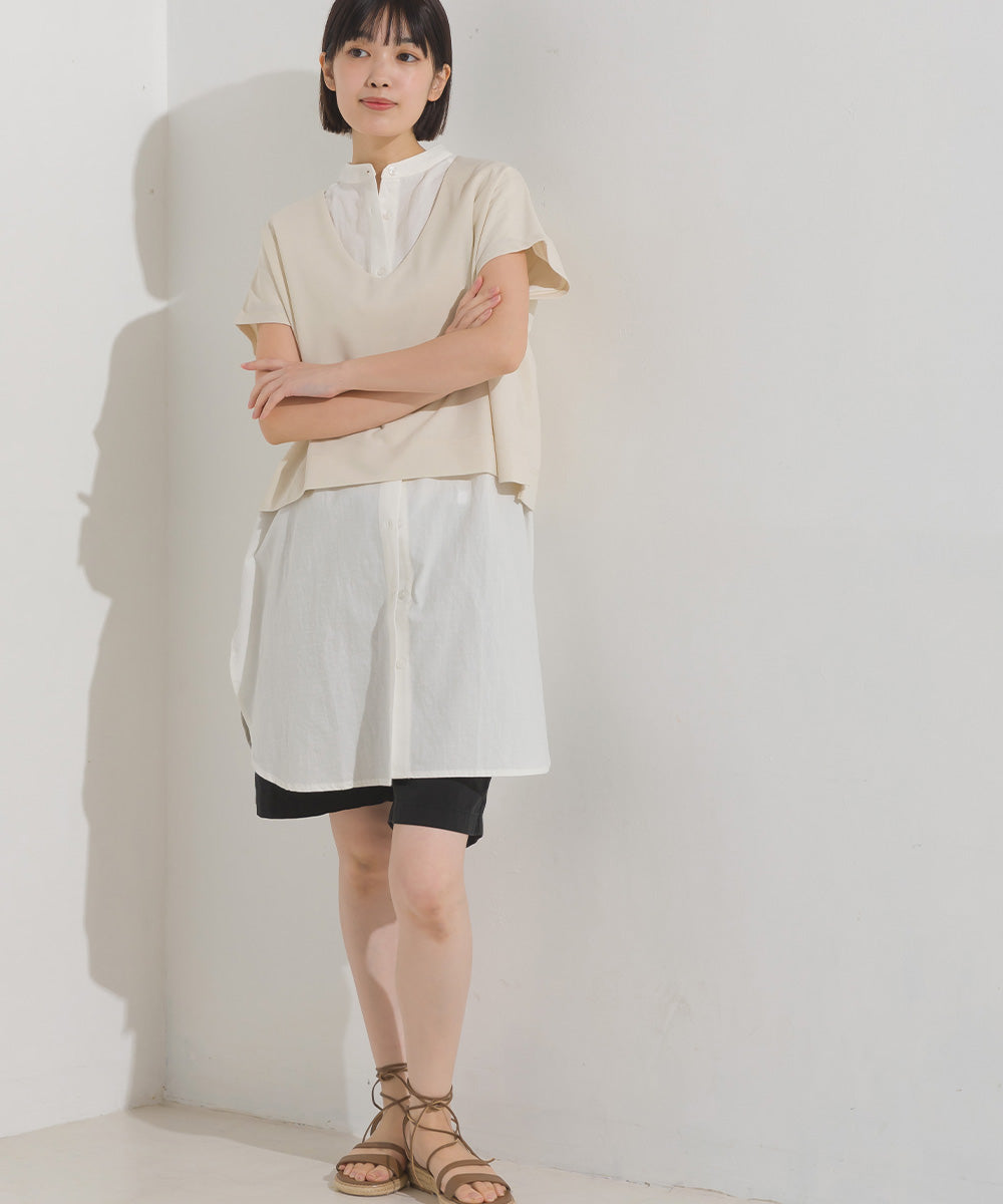 【OMNES】梨地 レイヤードシャツセットフレンチスリーブワンピース【7122-9078】