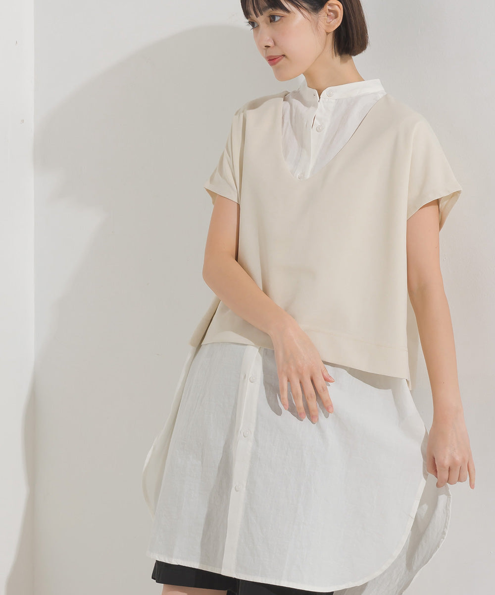 【OMNES】梨地 レイヤードシャツセットフレンチスリーブワンピース【7122-9078】