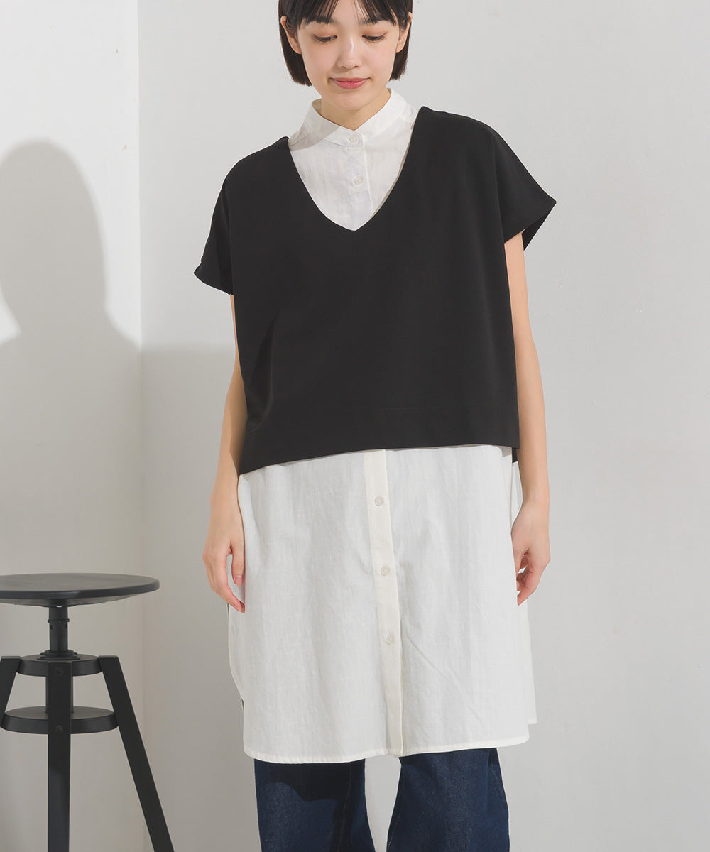 【OMNES】梨地 レイヤードシャツセットフレンチスリーブワンピース【7122-9078】