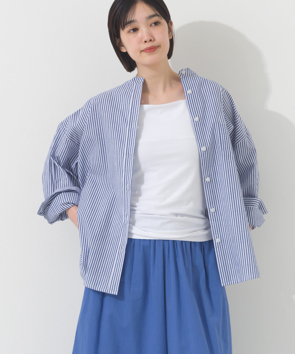 【OMNES】オーバーサイズバンドカラーストライプ長袖シャツ【A450012OMN】