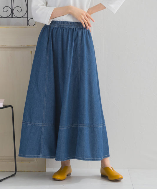 【OMNES】ウォッシュ加工裾切替フレアーデニムスカート【A480004OMN】