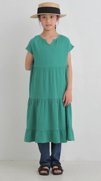 【OMNES】キッズ ダブルガーゼ フレンチスリーブティアードワンピース【7122-9082】