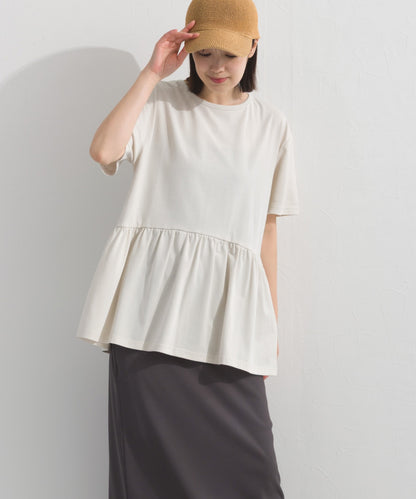 【OMNES】プレーティング天竺 切替ギャザーペプラム 半袖Tシャツ UVカット付【S450108OMN】