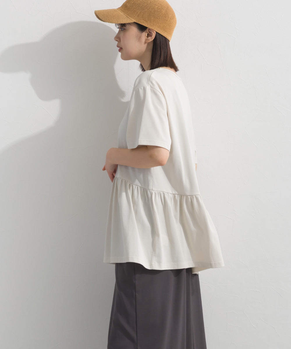 【OMNES】プレーティング天竺 切替ギャザーペプラム 半袖Tシャツ UVカット付【S450108OMN】