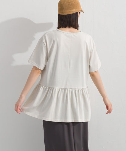 【OMNES】プレーティング天竺 切替ギャザーペプラム 半袖Tシャツ UVカット付【S450108OMN】