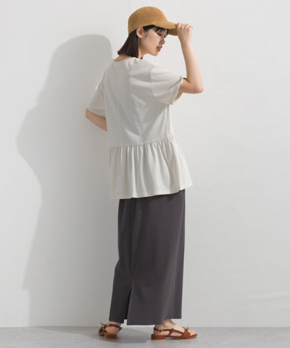 【OMNES】プレーティング天竺 切替ギャザーペプラム 半袖Tシャツ UVカット付【S450108OMN】