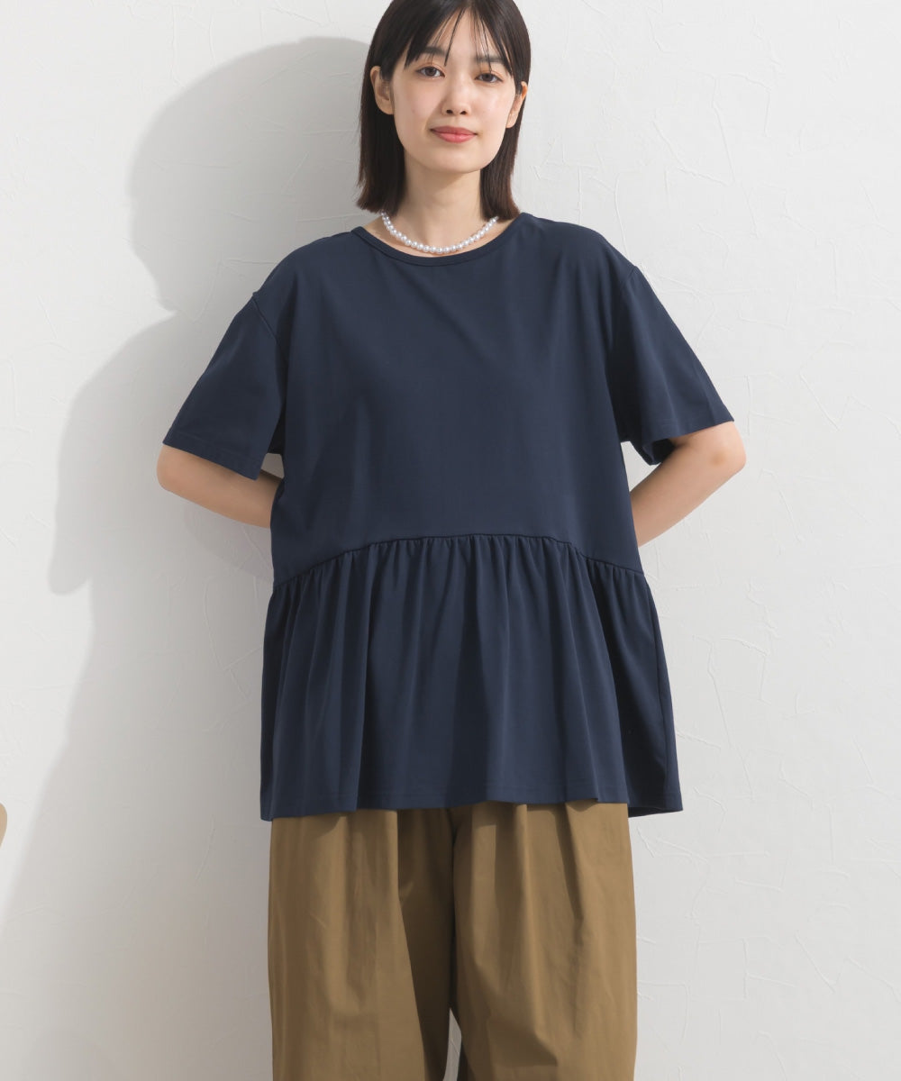 【OMNES】プレーティング天竺 切替ギャザーペプラム 半袖Tシャツ UVカット付【S450108OMN】