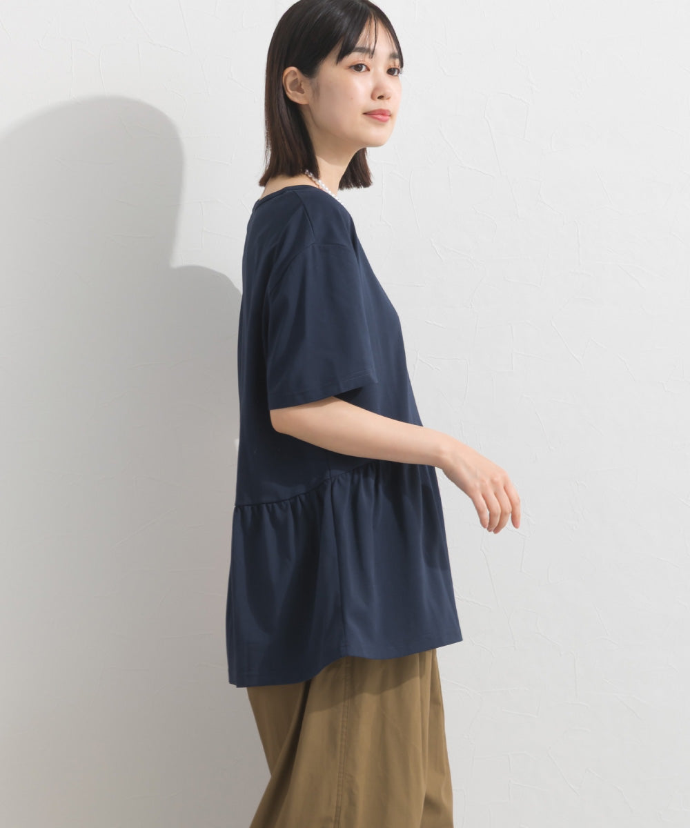 【OMNES】プレーティング天竺 切替ギャザーペプラム 半袖Tシャツ UVカット付【S450108OMN】