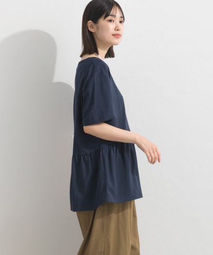 【OMNES】プレーティング天竺 切替ギャザーペプラム 半袖Tシャツ UVカット付【S450108OMN】