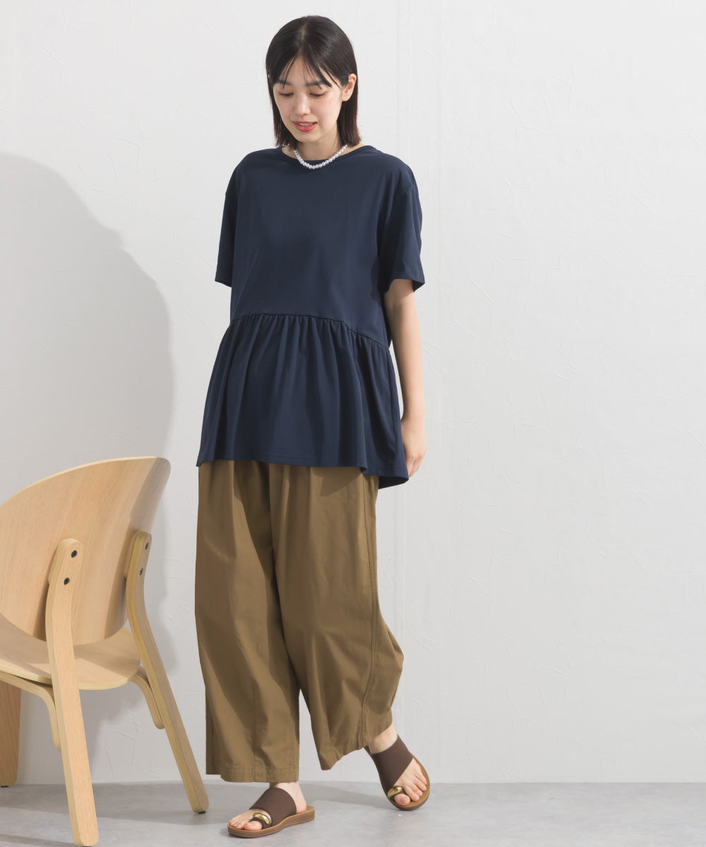 【OMNES】プレーティング天竺 切替ギャザーペプラム 半袖Tシャツ UVカット付【S450108OMN】